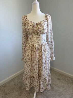 Celebrity Pink Floral Cream Long-Sleeve Midi Dress SZXS